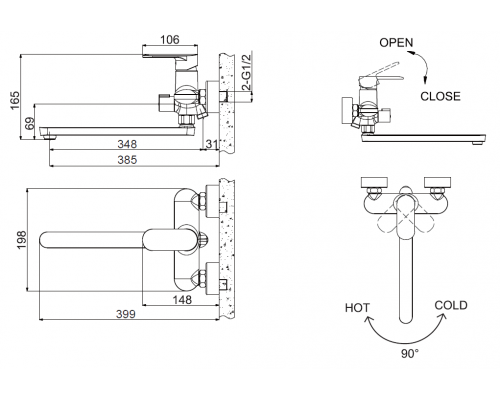 Смеситель BRAVAT для ванны длинный излив OPAL F6125183CP-02L-RUS